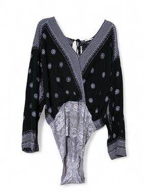 Free People Black & Gray Lace-Trim Wrap Bodysuit Blouse